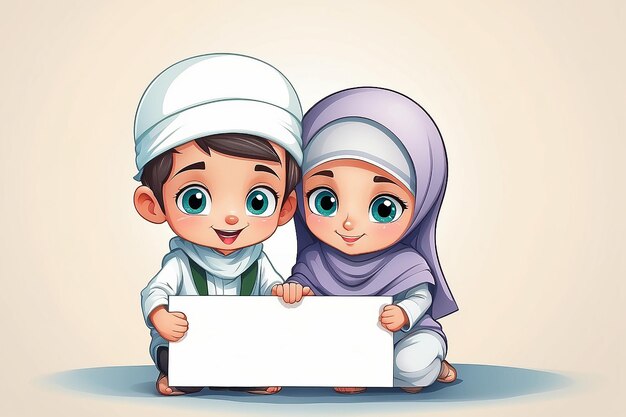 Photo vector illustration of muslim kid couple embrace for each other presenting with blank sign