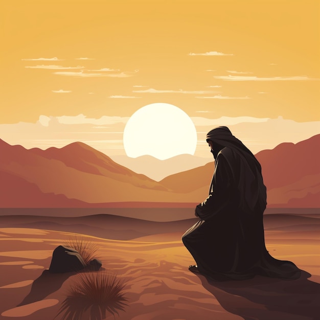 Vector illustration of muslim man praying in the desert