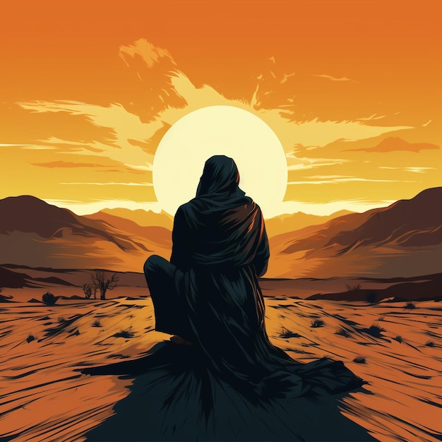 Vector illustration of muslim man praying in the desert