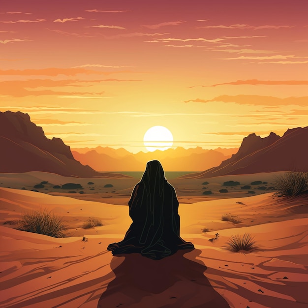 Vector illustration of muslim man praying in the desert