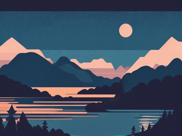 Vector Illustration of Night Landscape with Moon and Stars