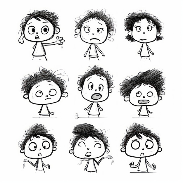 Фото Векторная иллюстрация набора мультфильмов мальчиков и девочек с различными выражениями лица
