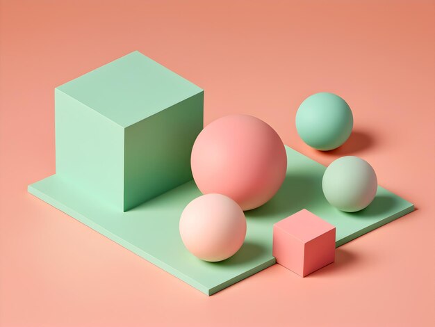 사진 파스텔 바탕에 분홍색과 초록색으로 추상적인 큐브와 구의 터 일러스트레이션