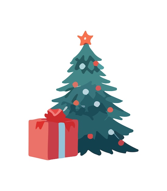 Фото Векторная иллюстрация украшенной рождественской елки в снегу на белом фоне зелёная пушистая рождественская сосна изолирована на белом фонде милая рождество в стиле мультфильма акварели