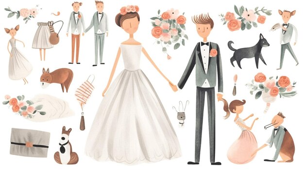 写真 若い幸せな新婚夫婦の新郎新婦のベクトル イラスト ただ結婚しているカップルのイラスト