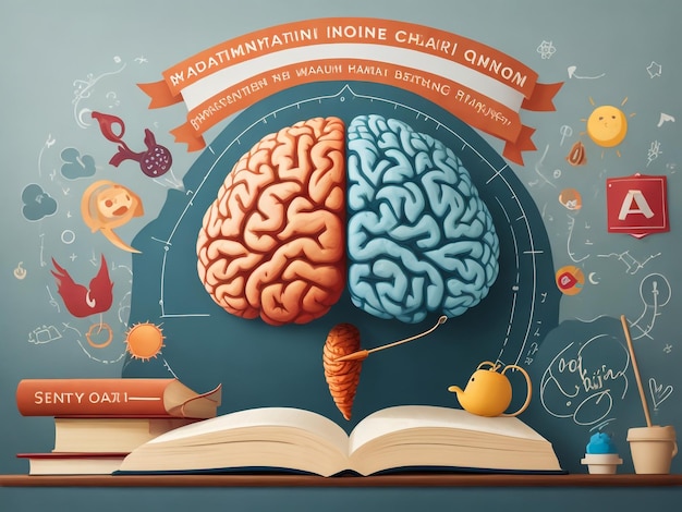 Vector Illustration of Open Book With Growing Brain On Gray Background