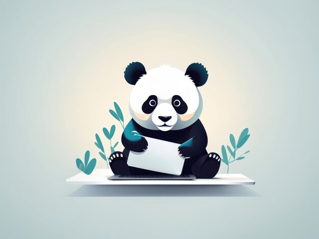 vector illustration of panda using laptop