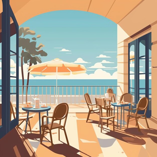 a vector illustration of a patio with tables and chairs overlooking the ocean generative ai