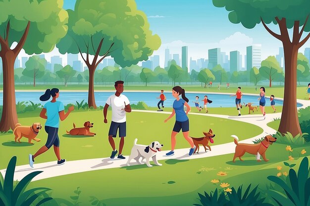 A vector illustration of people in a park doing activities