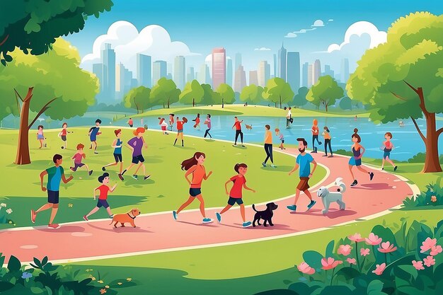 A vector illustration of people in a park doing activities