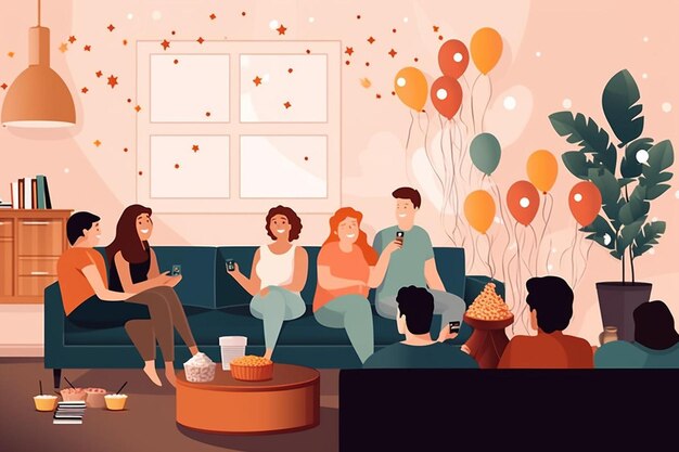 Photo a vector illustration of people sitting on a couch with balloons and a coffee cup.