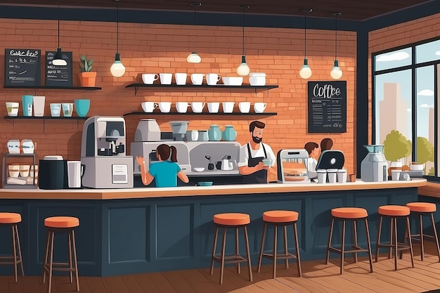 A vector illustration of people working in a coffee shop