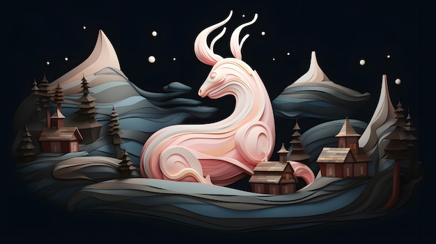 Vector illustration of a pink stylized deer on a black background with a mountain landscape