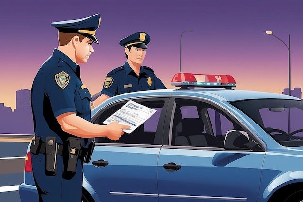 A vector illustration of a policeman giving a driver a traffic violation ticket