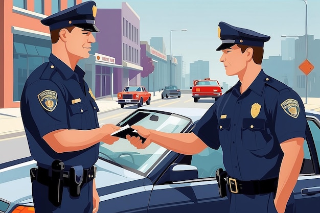 A vector illustration of a policeman giving a driver a traffic violation ticket