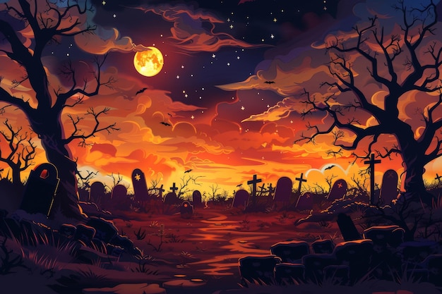 Vector illustration Realistic Halloween cemetery scene Spooky backdrop for designs