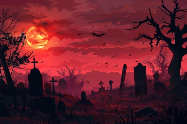 Vector illustration Realistic Halloween cemetery scene Spooky backdrop for designs