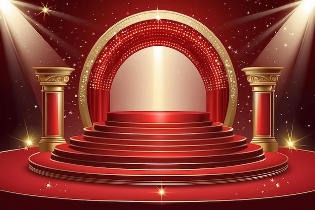 Vector illustration red shine spiral dots background with sparkle stage podium and golden arch for design