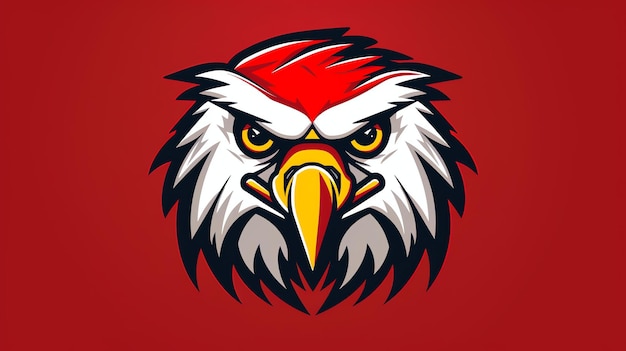 A vector illustration of a red white and yellow eagle head The eagle is looking to the left of the viewer with a determined expression