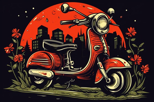 Photo vector illustration of retro skull with scooter