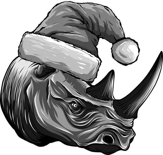 Vector illustration of rhino in Santa Claus hat isolated on white background