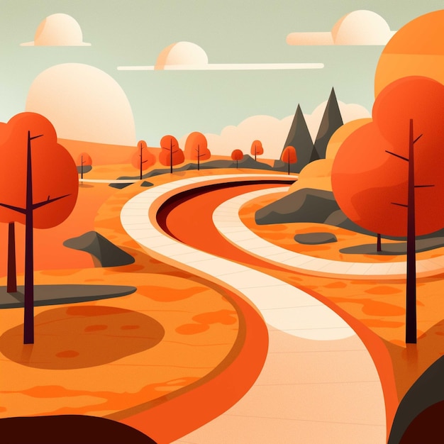 Vector illustration of a road in the autumn forest Cartoon style