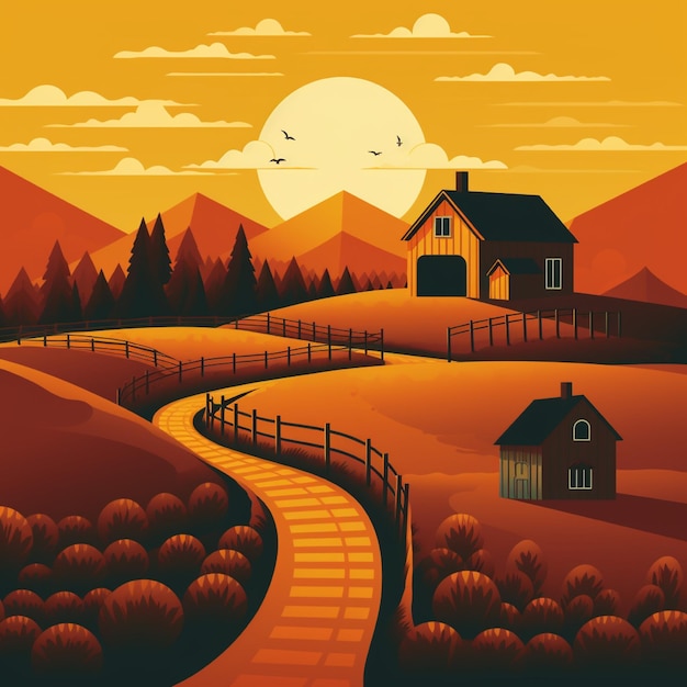 Vector illustration of a rural landscape with a wooden house and a path leading to the forest