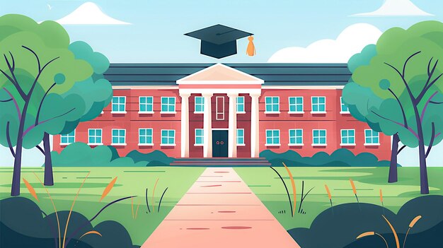 Photo vector illustration of a school building with a graduation cap in the background emphasizing the concept of education and achievement