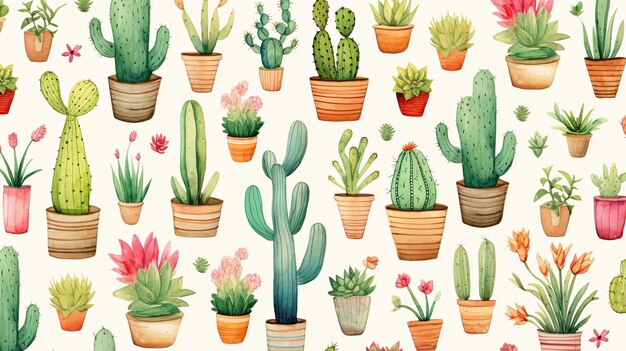 Photo a vector illustration of a seamless pattern with cactus and flowers.