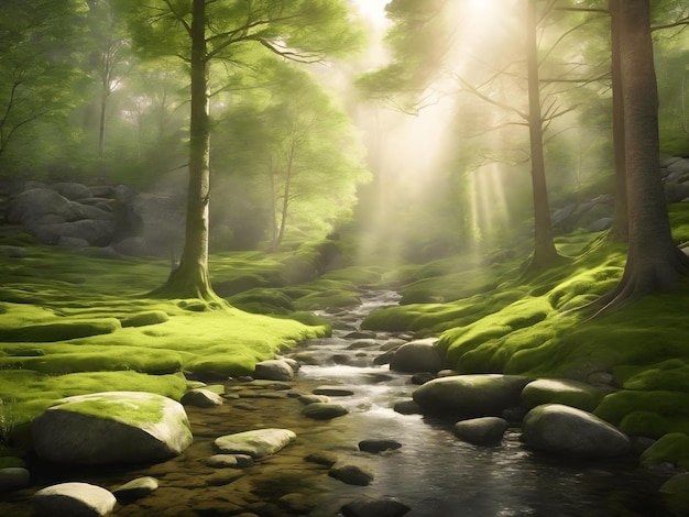 vector illustration serene forest glade with sunlight filtering through the trees