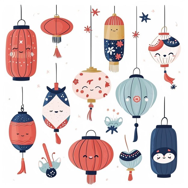 Photo vector illustration set of cute chinesse new year lantern