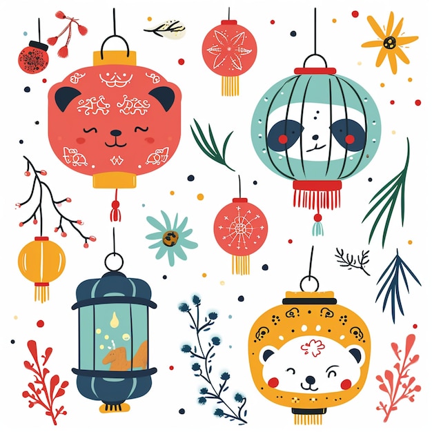 Photo vector illustration set of cute chinesse new year lantern