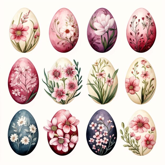 Vector illustration set of easter eggs Gorodets painting stylization Russian native floral ornaments