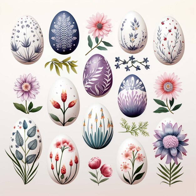 Vector illustration set of easter eggs Gorodets painting stylization Russian native floral ornaments