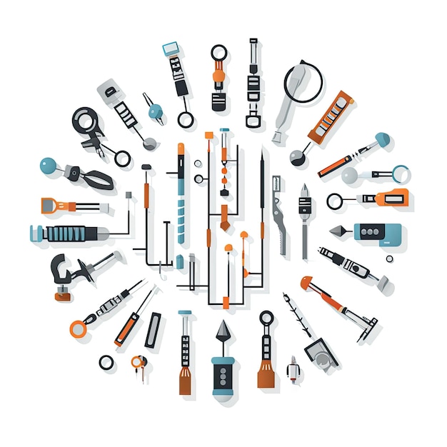 Vector illustration of a set of tools in a circle on a white background