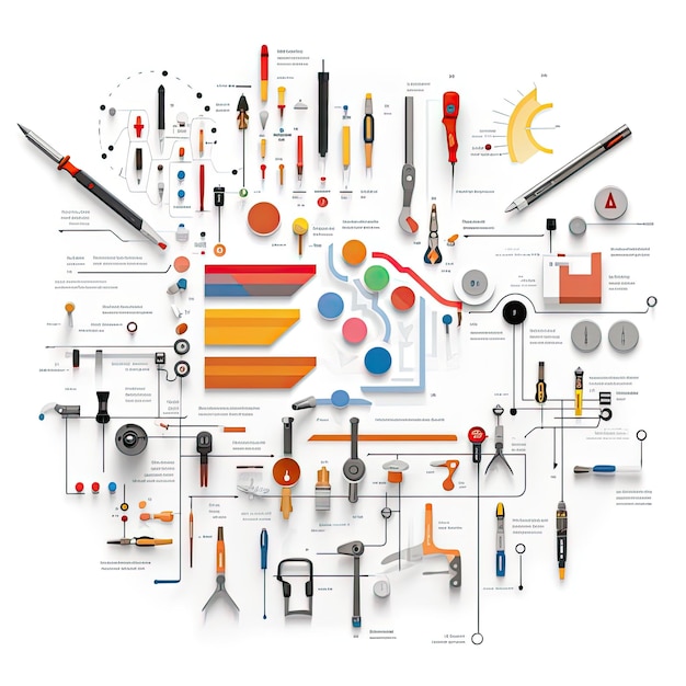 Vector illustration of a set of tools in a circle on a white background