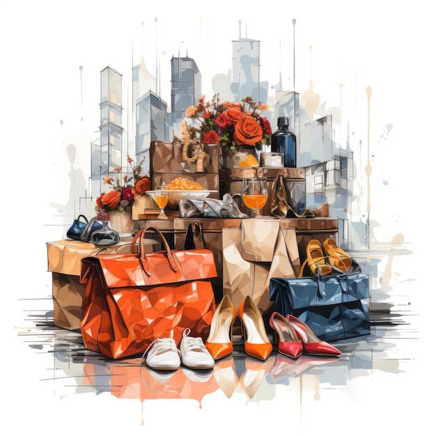 Векторная иллюстрация сумки для покупок, ящиков и модной обуви на белом фоне