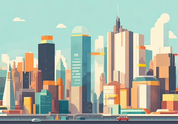 Vector illustration in simple minimal geometric flat style city landscape with buildings