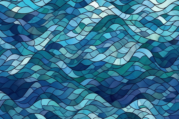 青い波と「海」という言葉を持つステンド グラスの窓のベクター イラストです。