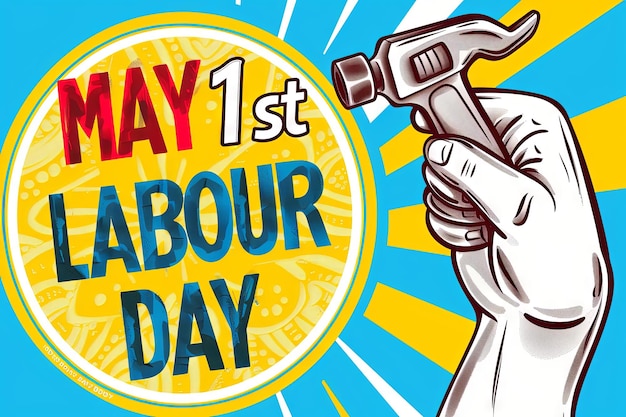 Векторная иллюстрация сильного кулака, держащего ключ, и текст "День труда 1 мая" или дизайн плаката Дня труда