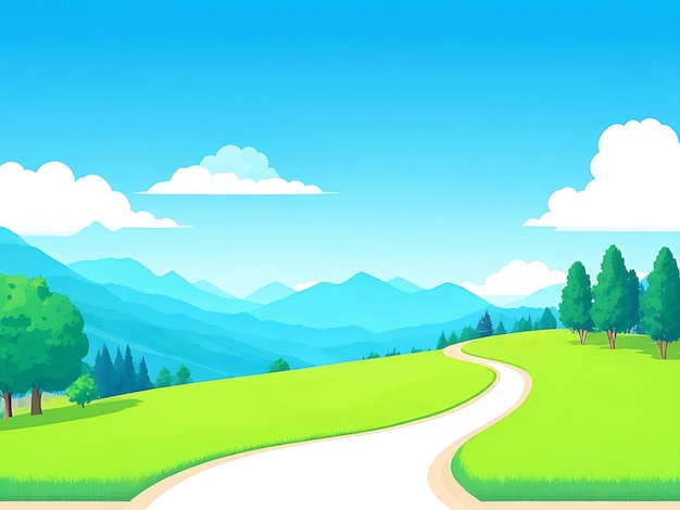 vector illustration Summer city park Summer landscape mountain forest road blue cloud sky