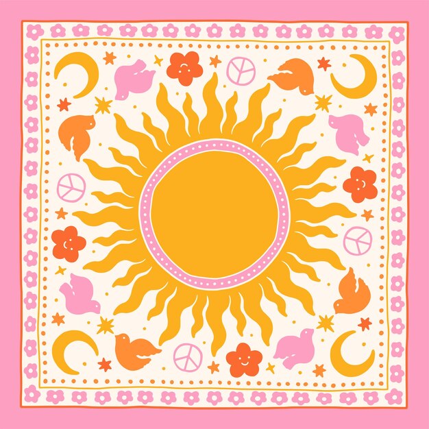 Vector illustration of a sun and a flock of birds on a pink background