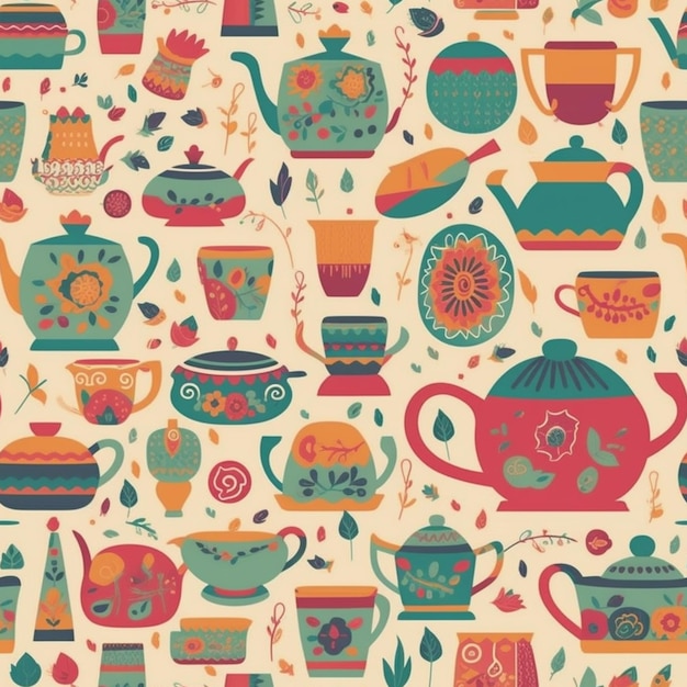 A vector illustration of a teapots and cups.