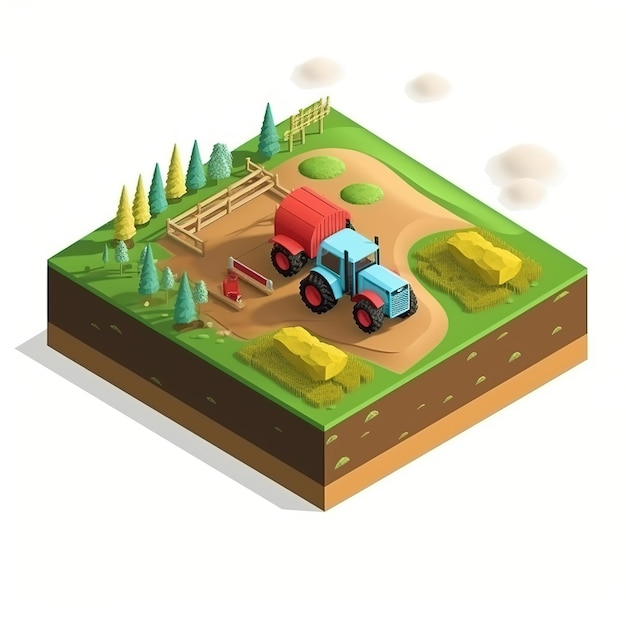 Векторная иллюстрация трактора с прицепом на ферме.
