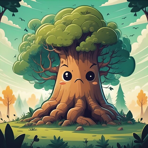 vector illustration of a tree cartoon with a big trunk and a big tree on the backgroundvector illust