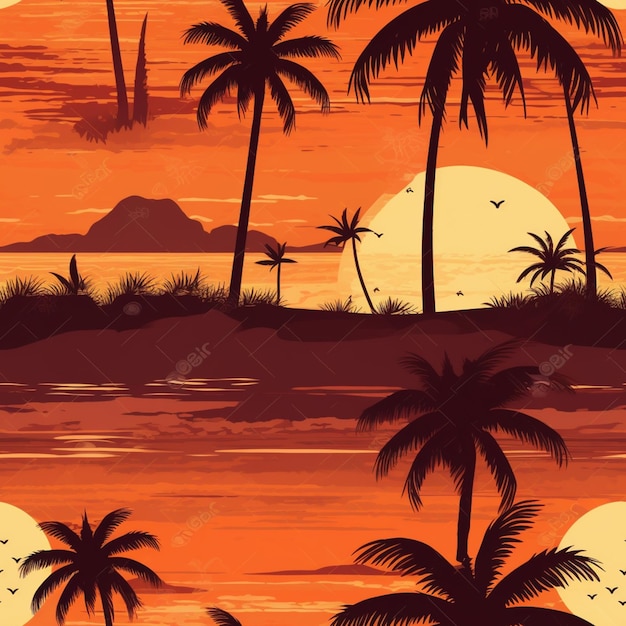 A vector illustration of a tropical sunset with palm trees and birds generative ai