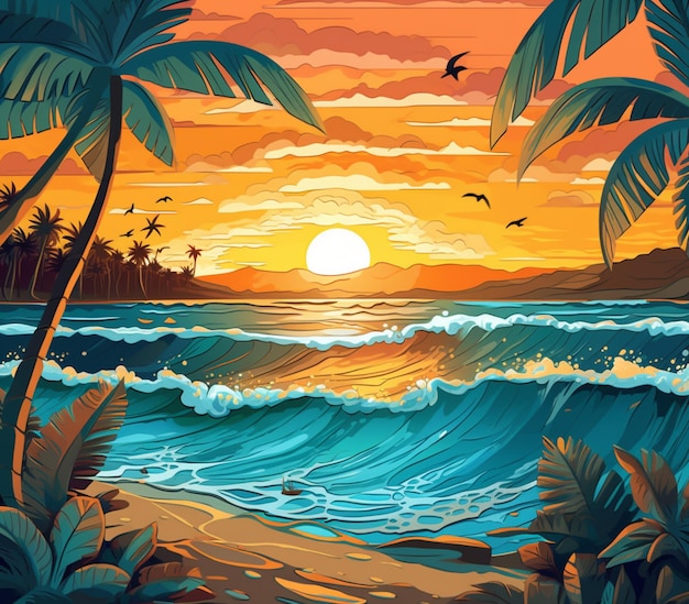 A vector illustration of a tropical sunset with palm trees and waves generative ai