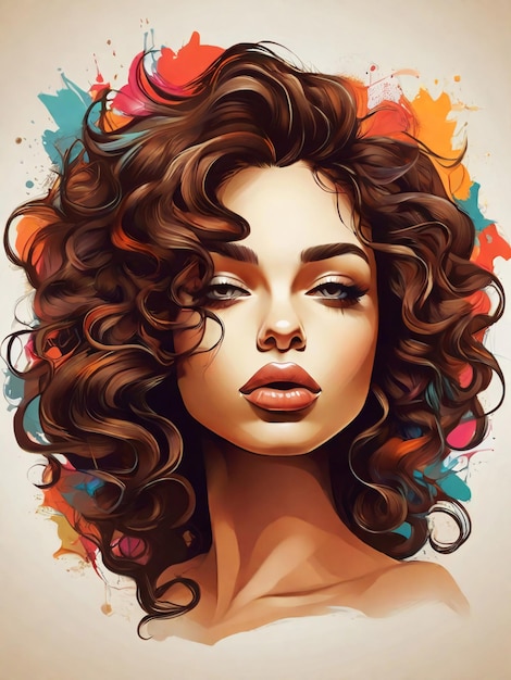 vector illustration tshirt design beautiful womans face brown curly hair