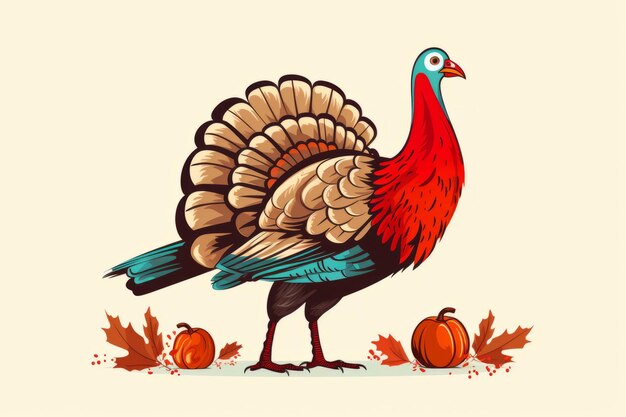 Photo vector illustration of a turkey with autumn leaves and pumpkins on a beige background