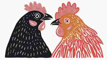 Photo a vector illustration of two chickens one black and one red facing each other with their beaks open